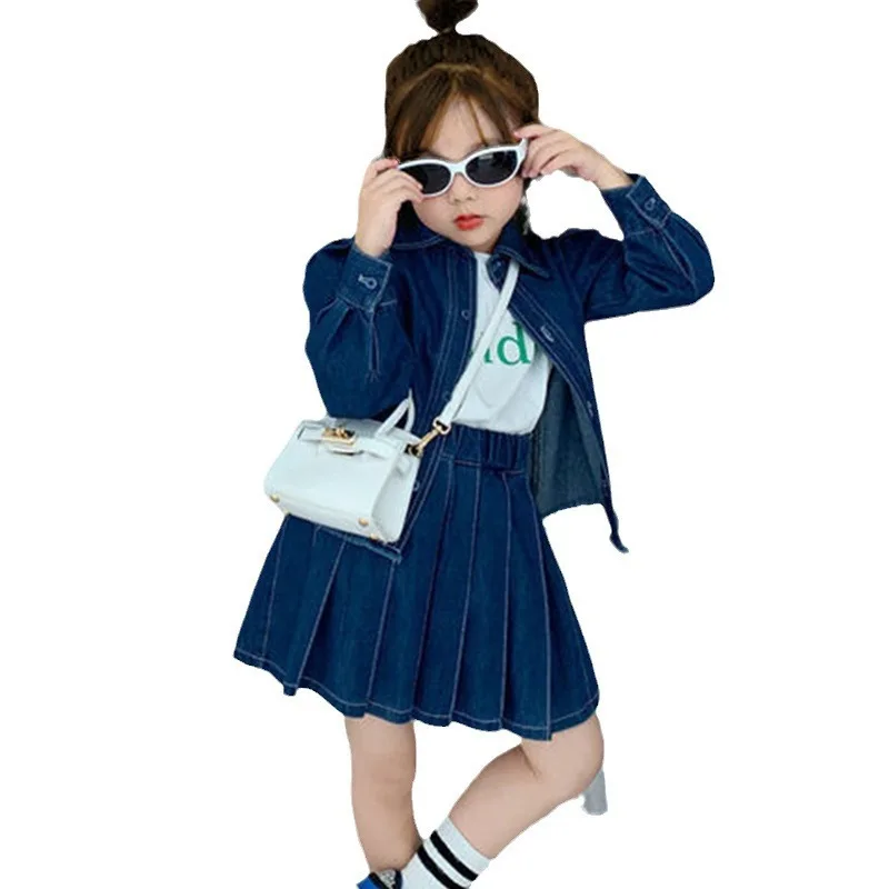 3 4 5 6 7 8 9 12 13Y Fall denim suit for girls with lapel denim shirt and pleated skirt two-piece set 100-140CM