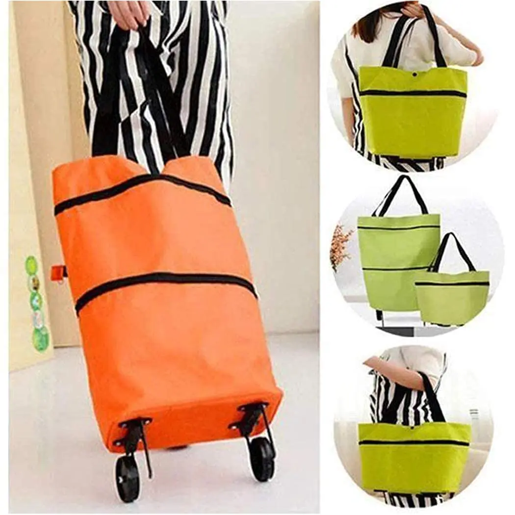 2-in-1 folding shopping bag with two-level zipper foldable shopping cart with wheels lightweight storage bag shopping cart