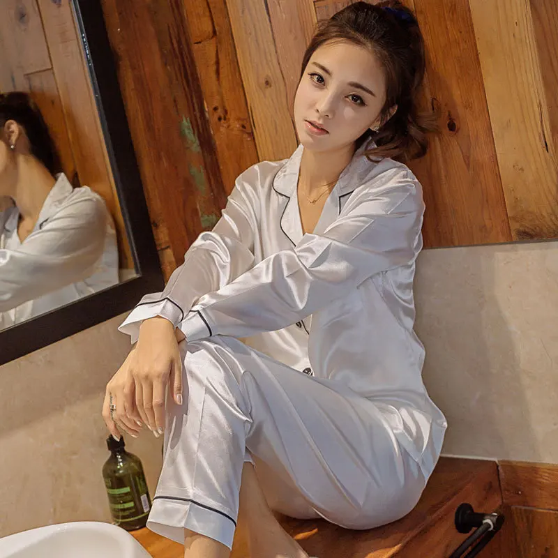 VOLALO Womens Silk Satin Pajamas Pyjamas Set Long Sleeve Sleepwear Pijama Pajamas Suit Female Sleep Two Piece Set Loungewear