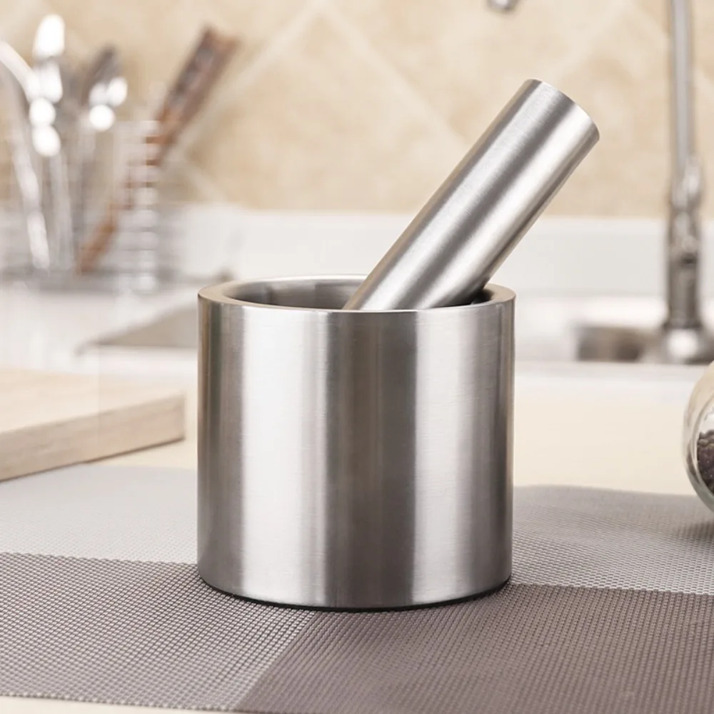 

304 Stainless Steel Mortar and Pestle Set Rust Proof Manual Garlic Mashing Jar Splash-proof Lid Household Garlic Press Lemon