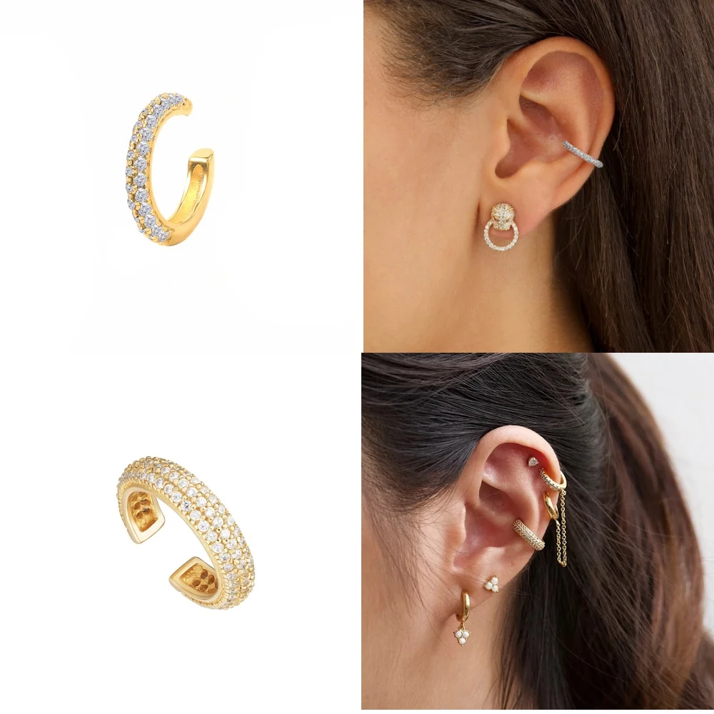 ROGHTS-Boucles d\'oreilles clip en argent regardé 925 pour femmes et filles, manchette d\'oreille en forme de C, pas de piercing, 3 rangées sur