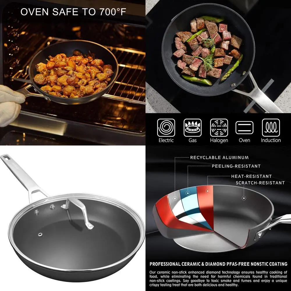 

11-дюймовая титановая керамическая сковорода с антипригарным покрытием и крышкой, без PFOA, устойчивая к царапинам, индукционная совместима