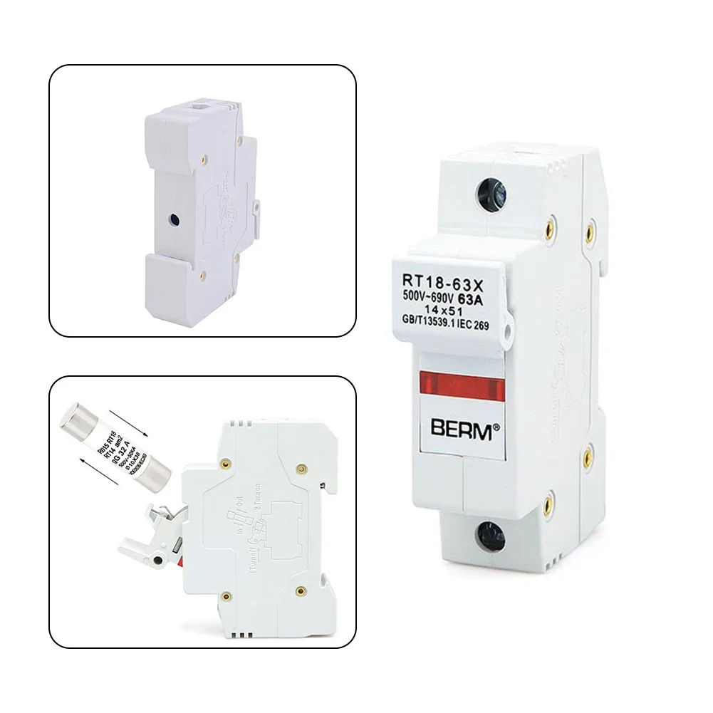 RT1863X 1P 63A Fuse Base with LED Indicator Suitable for 14x51mm Fuse 35mm DIN Rail Installation Copper Terminal Safety Seat