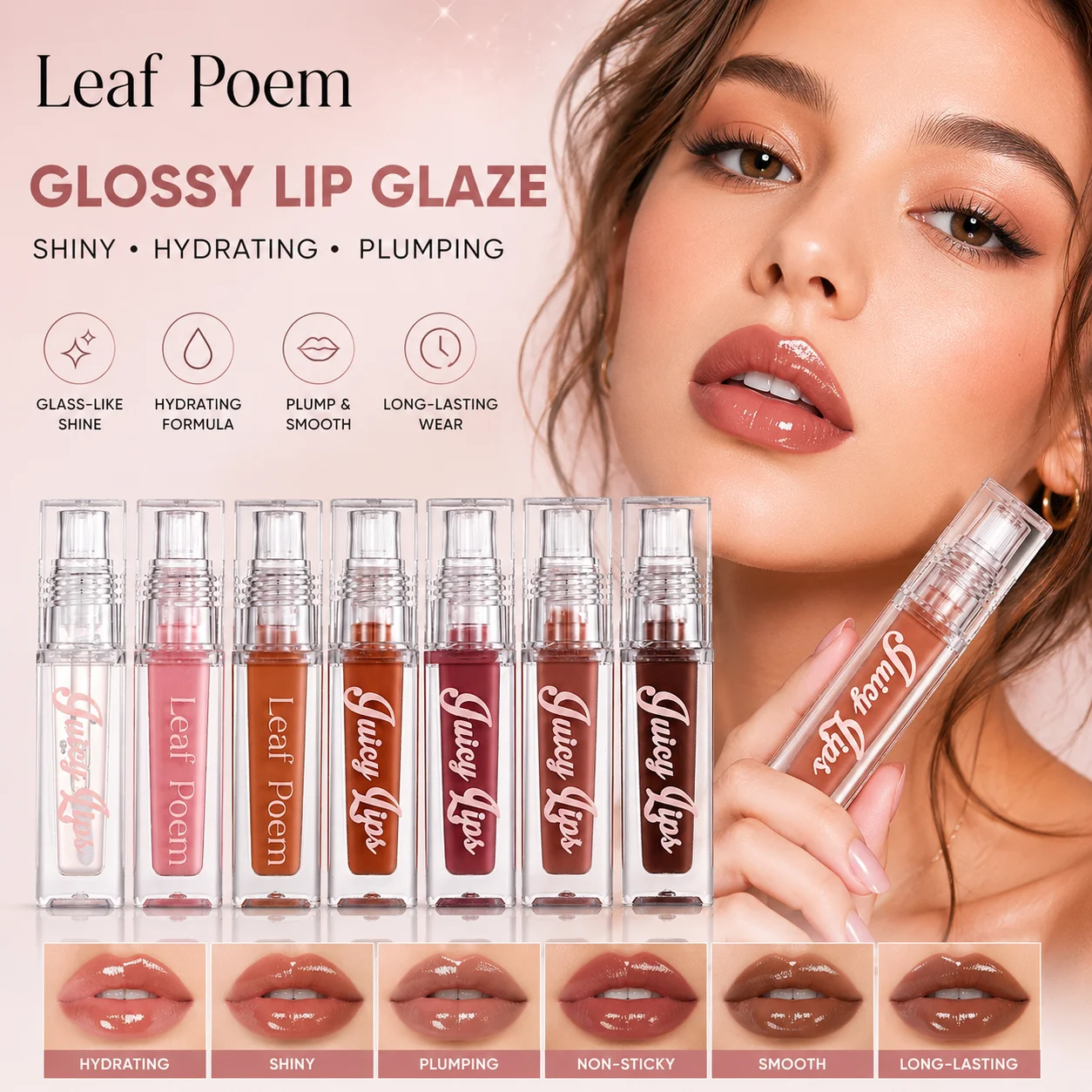 Brillo Labial Leaf Poem Mirror, Hidratante, Voluminizador, Brillante, Tinte Labial con Purpurina, Maquillaje de Larga Duración
