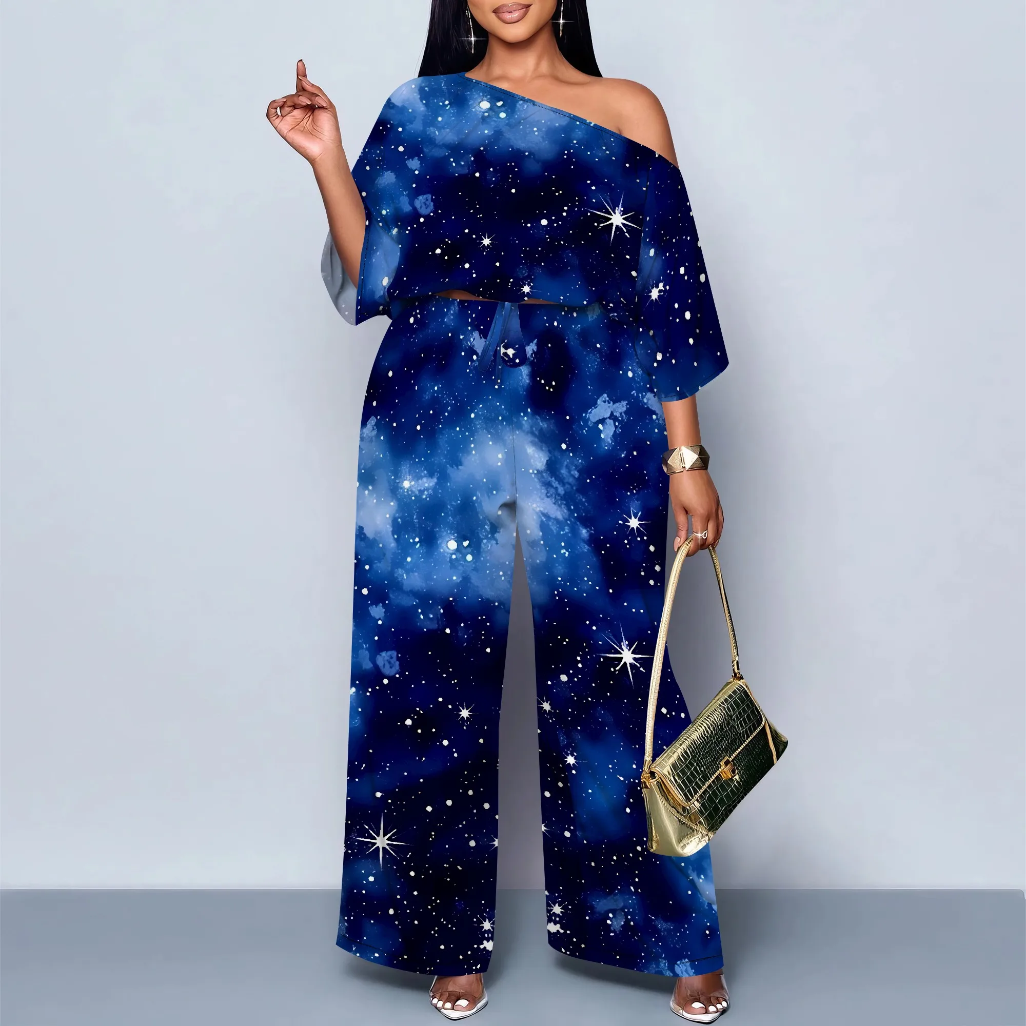 

EQQZD Elegant Slanted Shoulder & Palazzo Pants Set, Stylish Casual Two-piece Set with Romantic & Dreamy Starry Sky Pattern Print