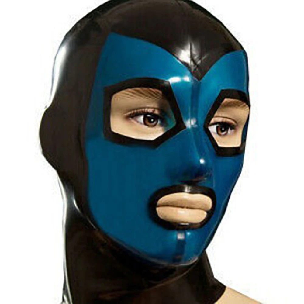

New Style Sexy Latex Rubber Men Mask Cosplay Fetish Hood Black And Clear Blue Face Handmade Headwear