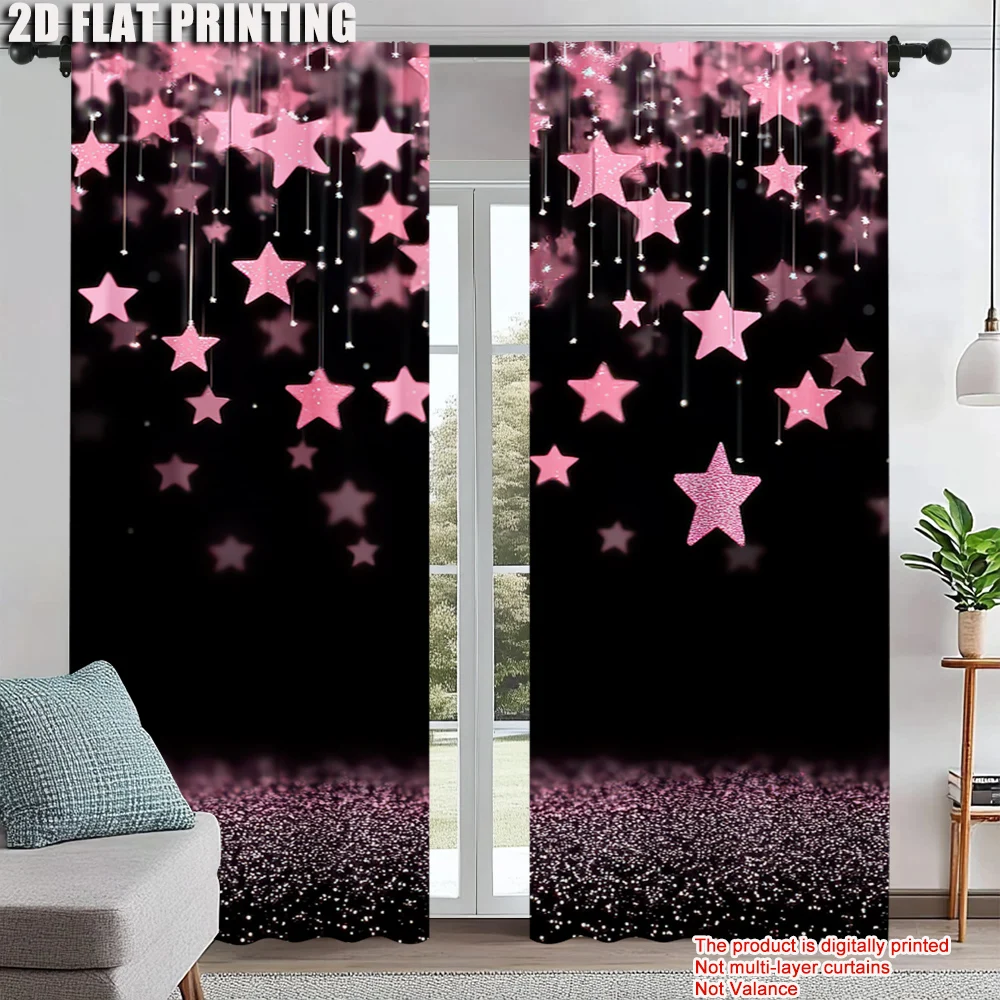 

2Pcs Blackout Curtain Pink Stars Polyester For Bedroom And Living Room Machine Washable Privacy-Enhancing Curtains
