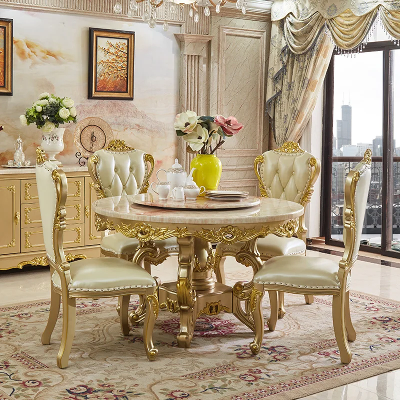 European marble dining table and chairs combination gold all solid wood 1 table 6 chairs restaurant home round table luxury high