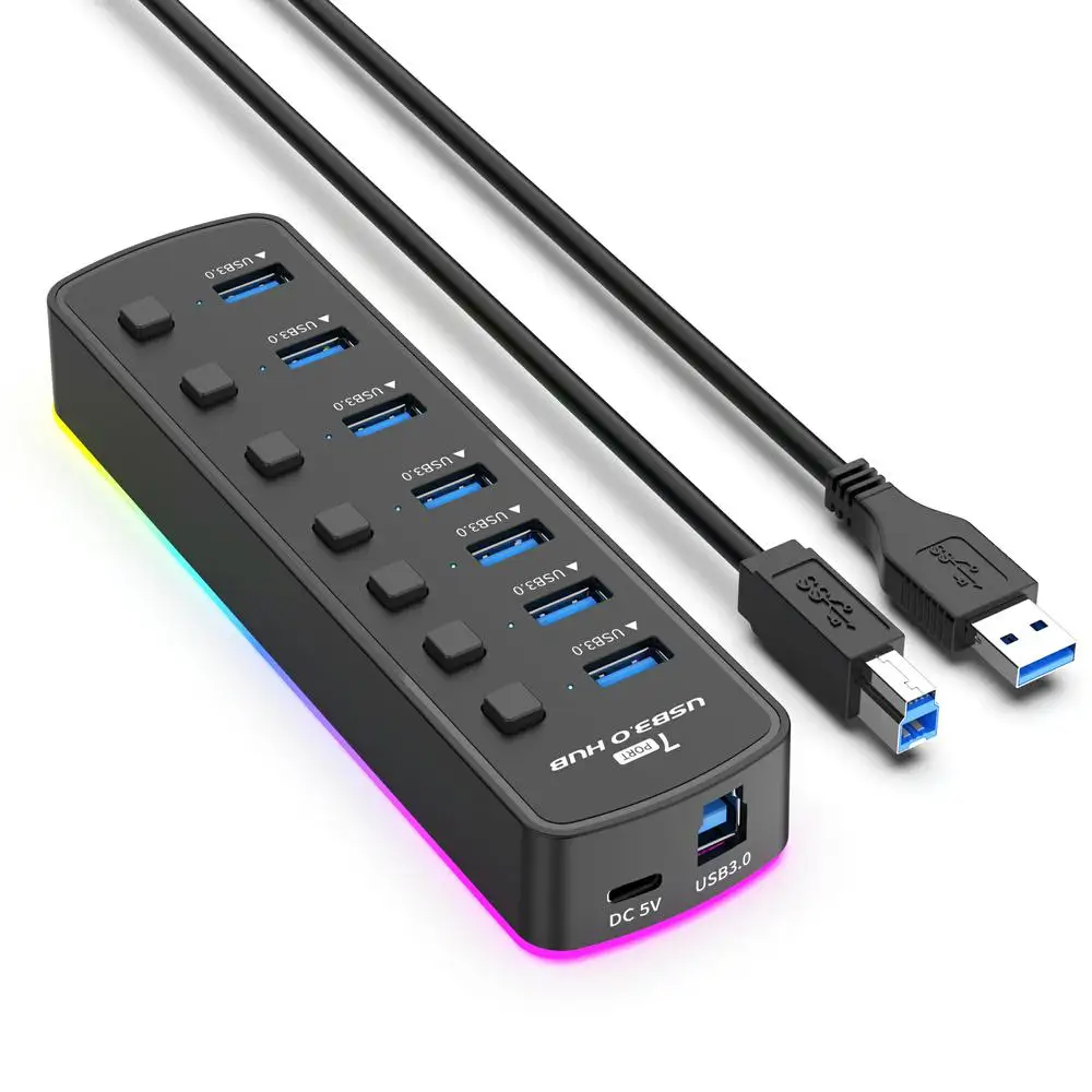 7 IN 1 RGB Desktop USB HUB 3 0 Adapter Splitter High Speed Charging USB3.0 Docking Station Control Switch For PC Laptop Macbook