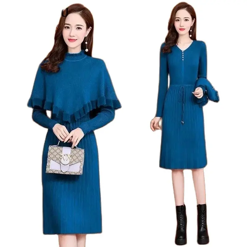 

Autumn Winter Knitted Dresses Two Piece Set Women Outfit Vintage Half Turtleneck Ruffles Cloak + Knit Sweater Dress Female Suit