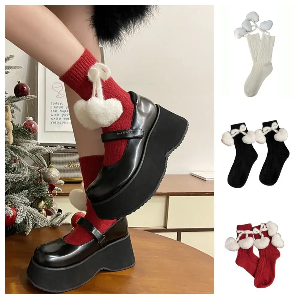 Soft Sweet Mid Calf Stockings Heart Bowknot Knitted Mid-tube Socks Heart Pendant Warm Plush Ball Socks Female