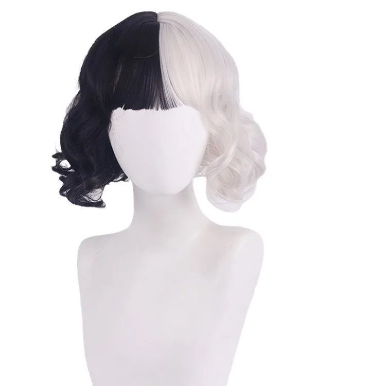 CRUELLA Deville De Vil Cosplay negro blanco con flequillo pelo para mujeres con flequillo pelo corto Bob peluca sintética resistente al calor