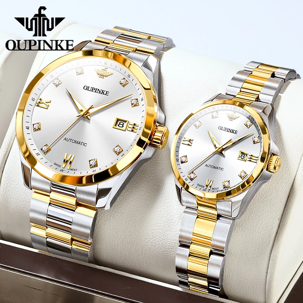 Top Brand OUPINKE Real Diamond Couple Watches Luxury Original Swiss Movement Automatic Mechanical Wrist Watch for Men Women Gift