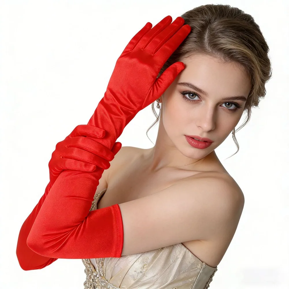 Shiny Solid Color Satin Gloves 1920s Retro Long Gloves Full Finger Elbow Length Etiquette Mittens Women