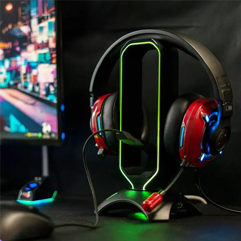 B27B RGB Gaming Headphone Stand Over-Ear Headset Holder With Mouse Bungee Cord Shelf For Desk Display White view 4