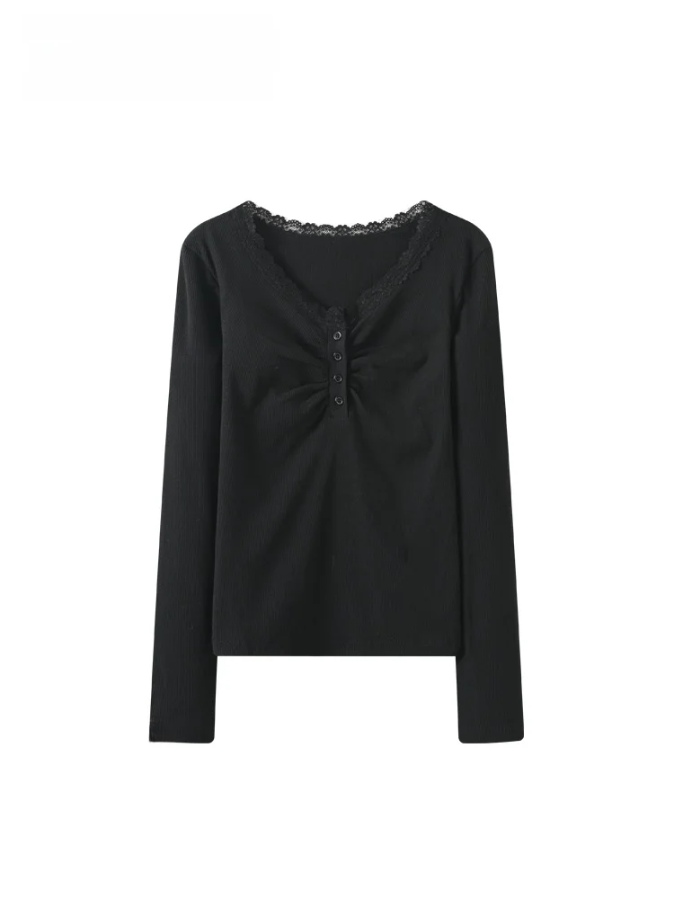 

Warm Thiened Lace V-ne T-irt Women's Autumn Winter New Sle plus Size Base irt Trendy Long Sve Polyester Fiber