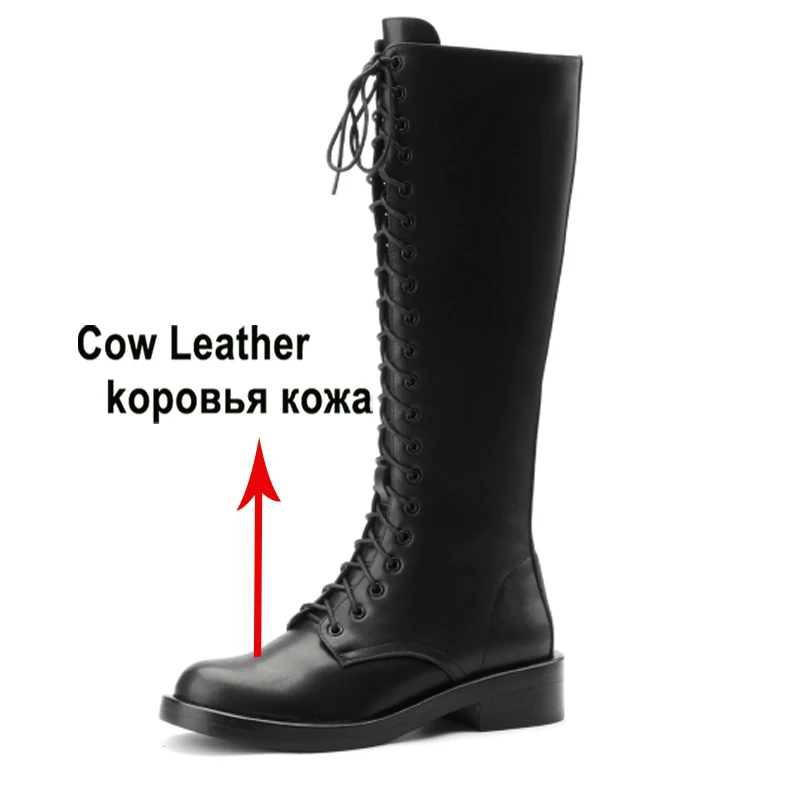 Meotina Women Genuine Leather Knee High Boots Round Toe Flat Zipper Ladies Boot Concise Lace-up Long Booties Autumn Winter Shoes