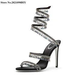 Chandelier Embellished Satin Leather Ankle Wrap High Heel Sandals Women Thin Heeled Diamond Women's Crystal Party Dress Shoes