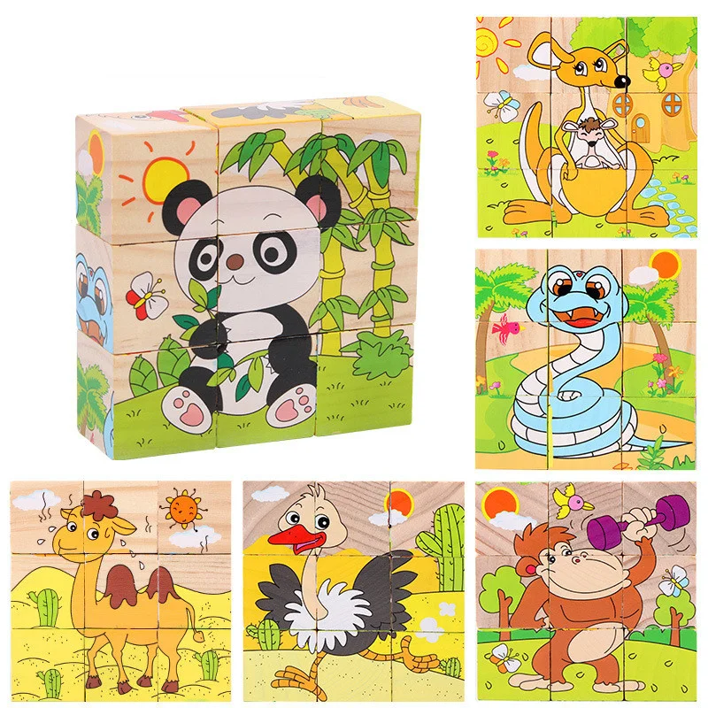 Baby Wooden Blocks Toys Cartoon Animal Six Side Cube Jigsaw Puzzles Game Montessori Educational Toys for Children Gifts