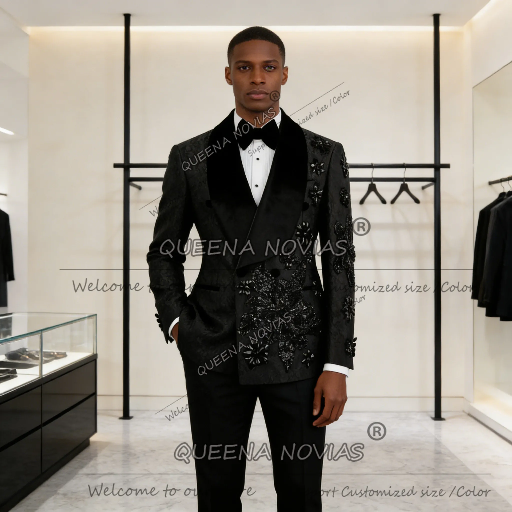 

Luxury Diamond Beaded Stones Suits Men Slim Fit Double Breasted Prom Blazers Customized 2 Piece Set Tuxedos Trajes Para Hombre