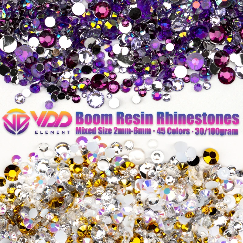 VDD 30g/100g Mix Size 2-6mm Resin Rhinestones Crystals Non Hot Fix Color AB Flat Back Stones For DIY Crafts Nail Art Decorations