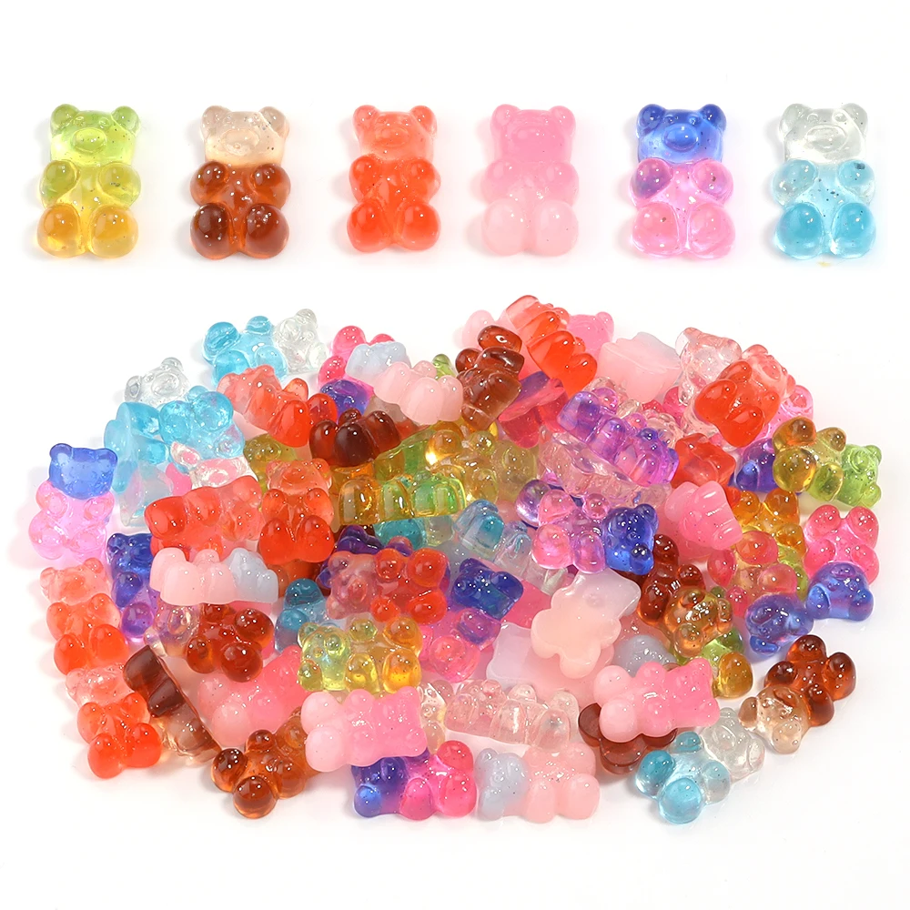 10pcs/lot Two Tone Glitter Resin Candy Colored Jelly Colored Teddy Bear Earring Pendant Beads DIY Jewelry Key Chain Accessories