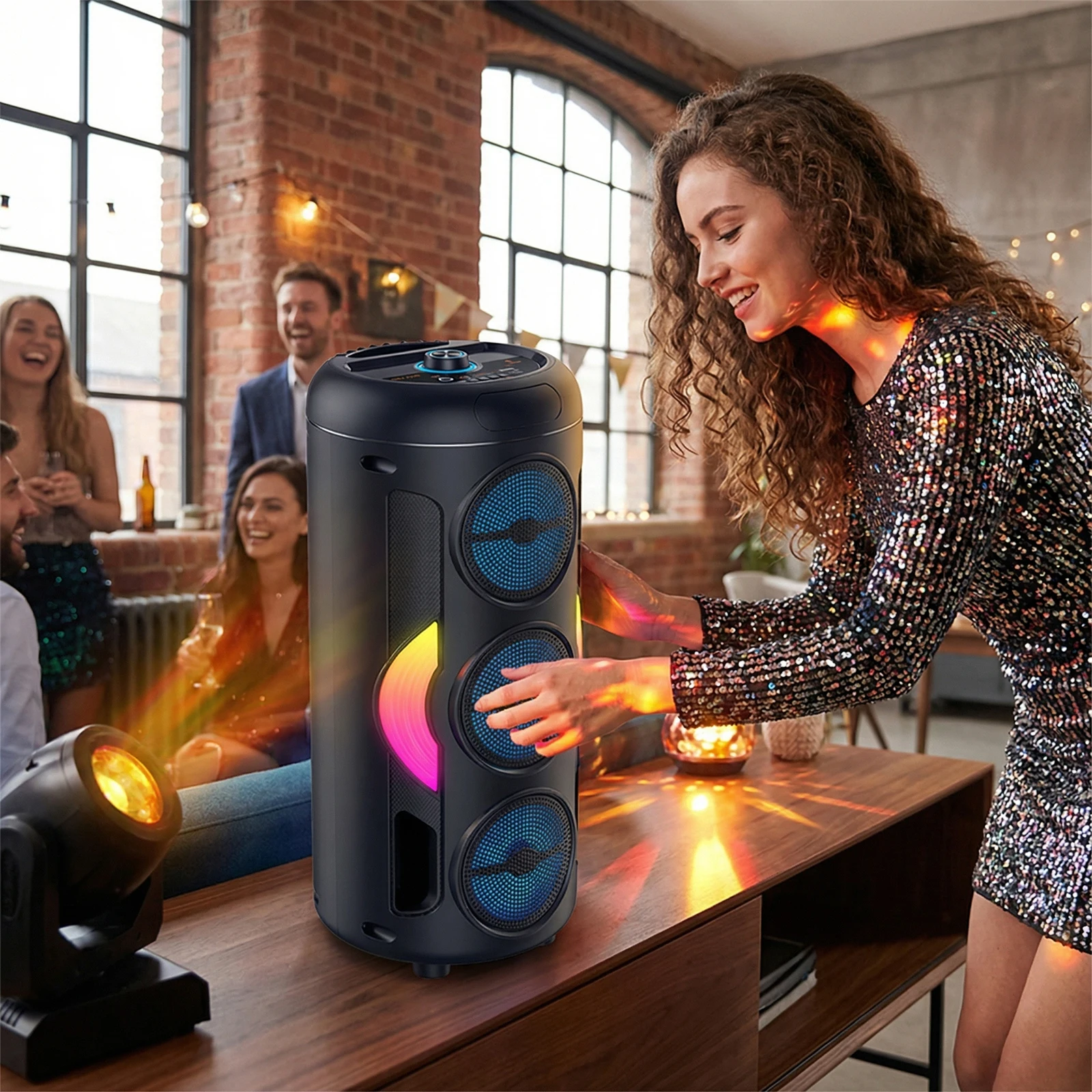 

Портативная Bluetooth-колонка с проводным микрофоном, поддержкой TWS/AUX/USB/TF-карт/FM-радио для вечеринок, отдыха на природе, кемпинга и использования на заднем дворе.