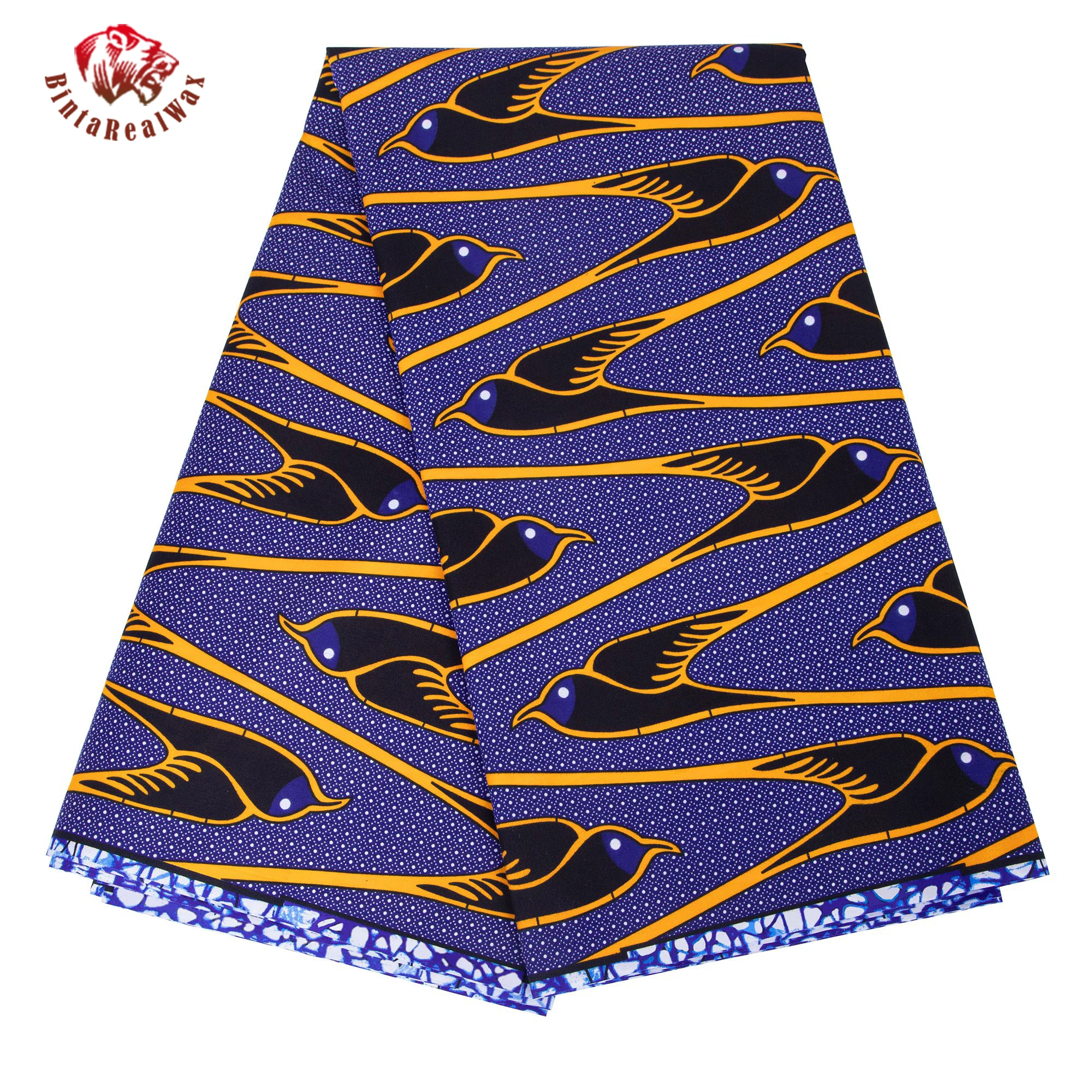 African Wax Print Fabric, Blue Background with Yellow & Black Bird Pattern, 100% Polyester Ankara Fabric for Dress, Skirt FP6705