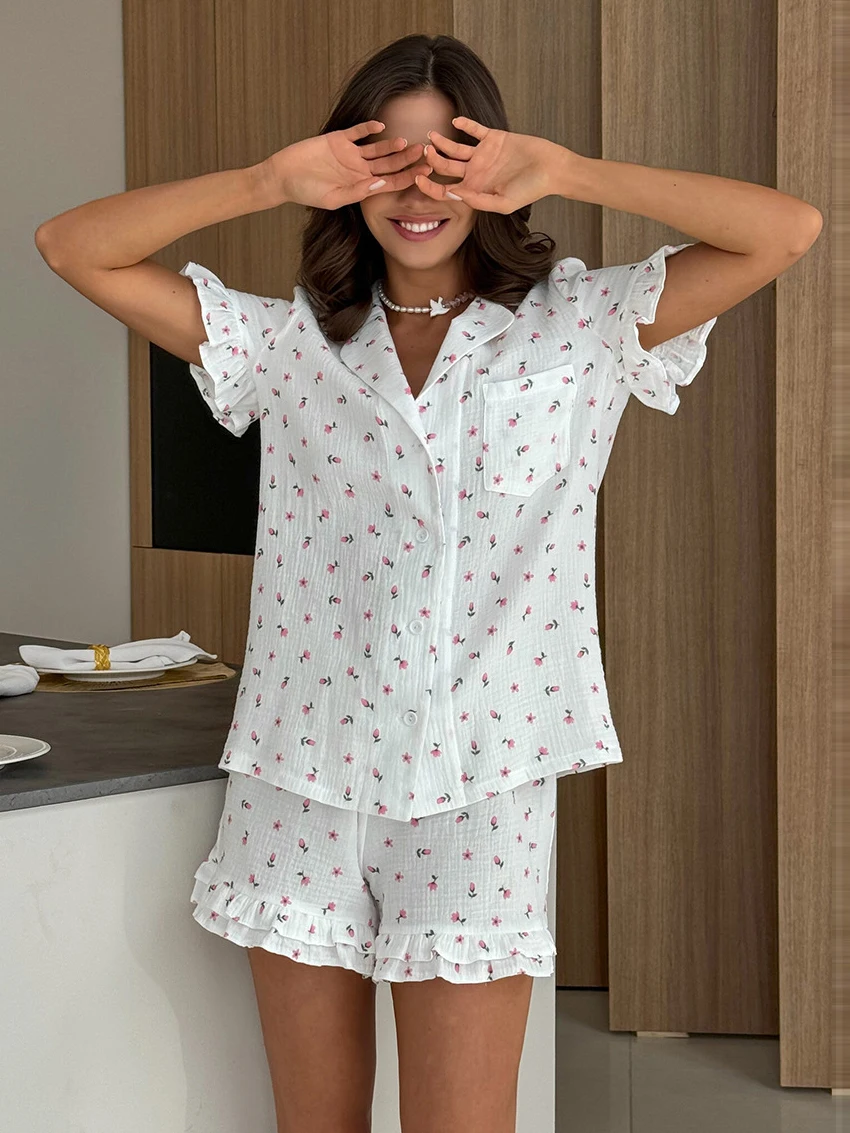 Marthaqiqi Casual Female Nightwear 2 Piece Suit Turn-Down Collar Pajamas Short Sleeve Pajamas Shorts Printing Home Clothes Women