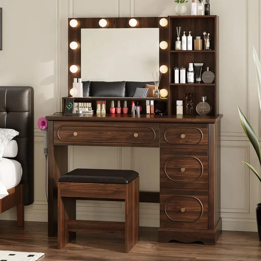 Vanity Desk with 11 Drawers, Glass Top Makeup Table with Mirror and LED Lights Vanity with Stool 3 Lighting Modes Brightness Ad view 2