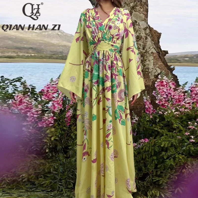 

QHZ Designer Fashion Vintage Maxi Dress Women's V-neck Flare Sleeve Flower print Elegant Beach vacation Long dress