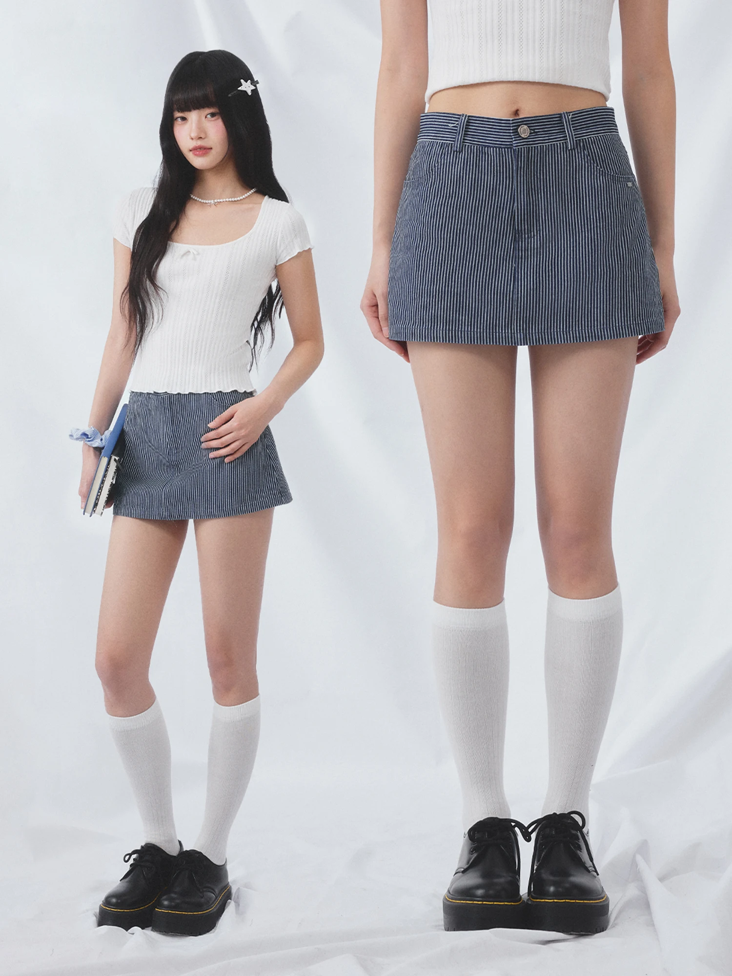 

Новая универсальная джинсовая юбка-шорты 0226 с полосками, низкой талией, из смесового хлопка, А-силуэта, для девочек-подростков