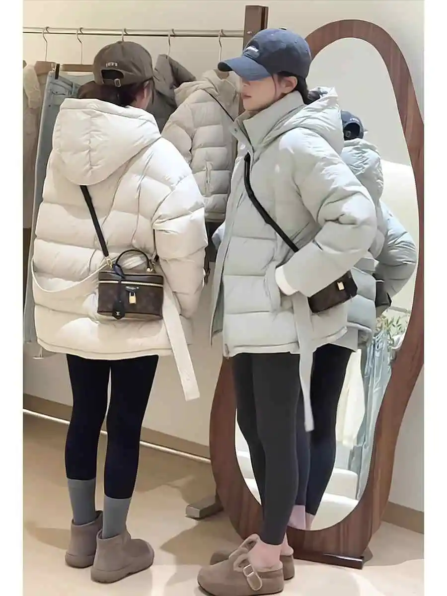 

Women's Hooded Thickened down Jacket Belted Waist White Duck Feather Warm Winter Outerwear Korean Style Loose Fit Coat