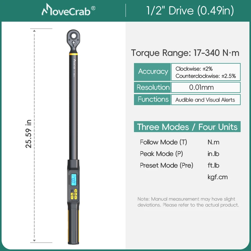 MOVECRAB Digitale Momentsleutel 1-340N.m 2% Nauwkeurigheid Preset & LED/Zoemer Waarschuwingen voor Fiets Motorfietsen Automotive Mechanisch Gereedschap