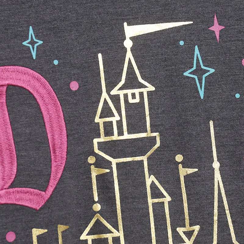 Disney-Women's Disneyland Castle PrintedカジュアルTシャツ、o Neck Tee、半袖、女性用プルオーバートップ、ストリートウェアTシャツ、刺embroidery、hi-lo