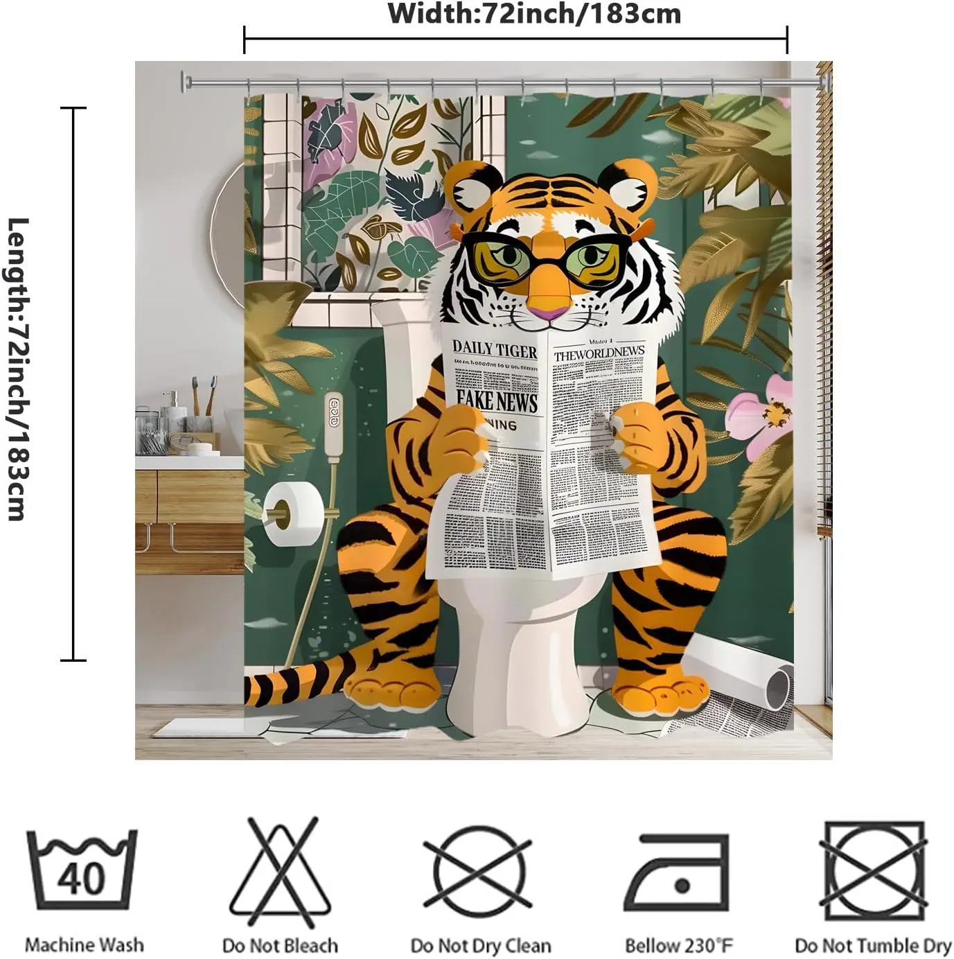 Funny Tiger Reading Shower Curtain – Humorous Animal Bathroom Decor, Waterproof & Stylish for Modern Home or Gift Idea