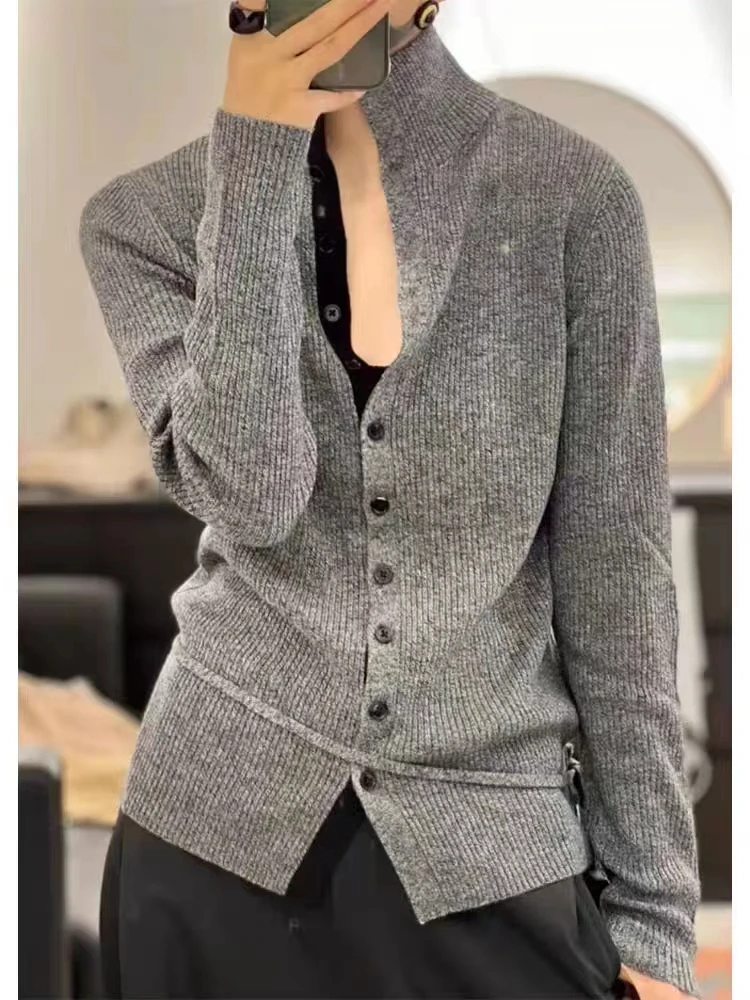 Europe station pure cashmere cardigan women\'s turtleneck autumn and winter new temperament with lazy gray sweater coat sweater