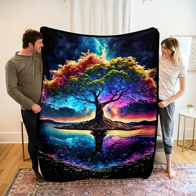 

Винтажное фланелевое одеяло с принтом дерева в стиле фэнтези — двустороннее, всесезонное, вязаное из мягкого полиэстера, эстетическое покрывало для дивана с цифровым принтом