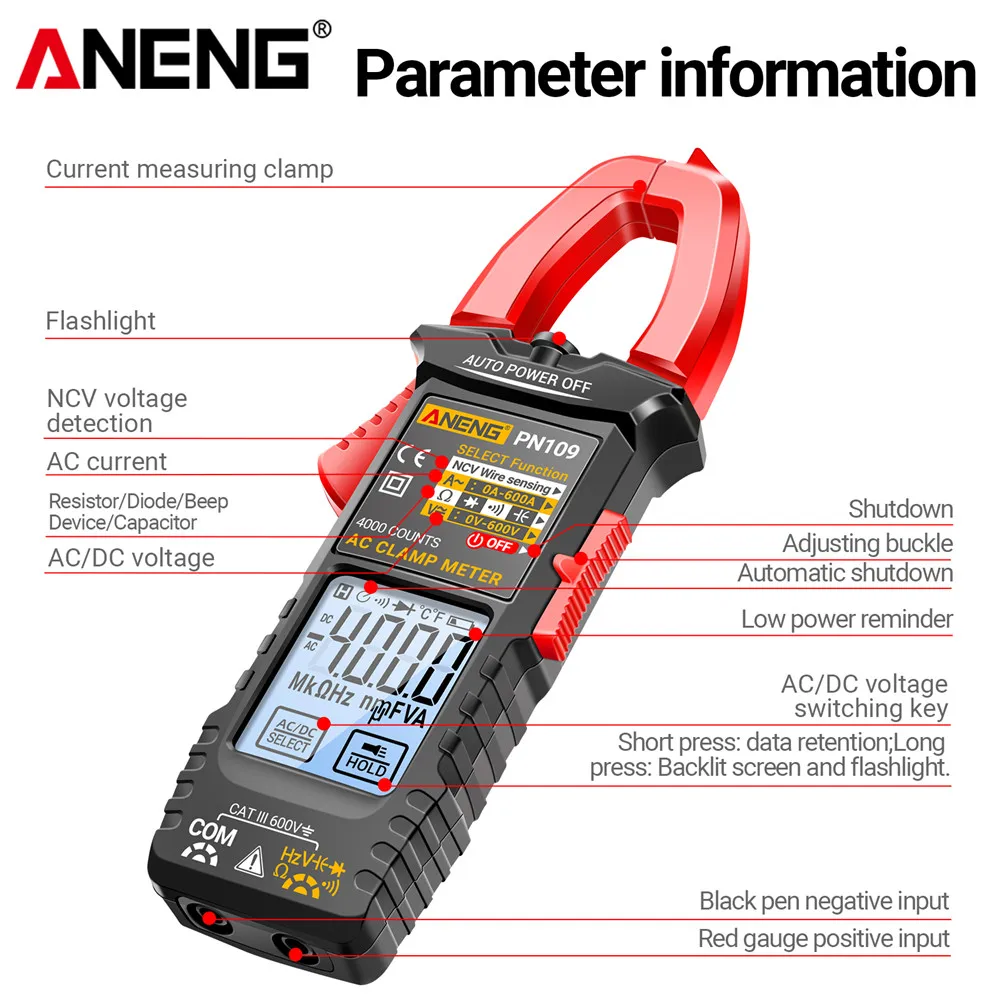 Aneng Pn109 Slimme Klem Meter 600a Hoge Wisselstroom Touchscreen Display Tester 4000 Telt Multimeter Spanning Ohmmer Tang Gereedschap