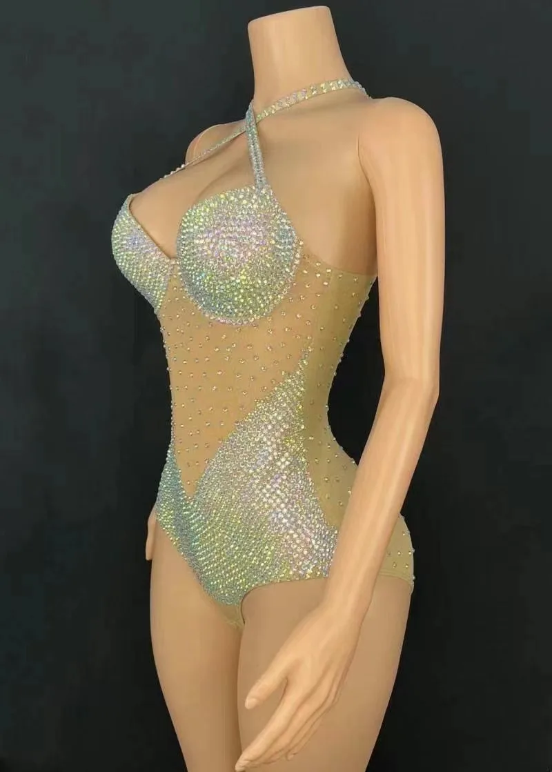 Huidskleur jumpsuit volledige diamant gogo bar bal feest diner jurk verjaardag luxe flash