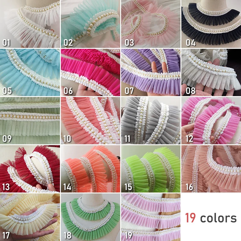 1 Mete 6cm Width Pleated Pearl Lace Fabric Mesh+Beaded Decoration Ruffles Lace Trim Fabric Trim Ribbon Applique Collar Fringe