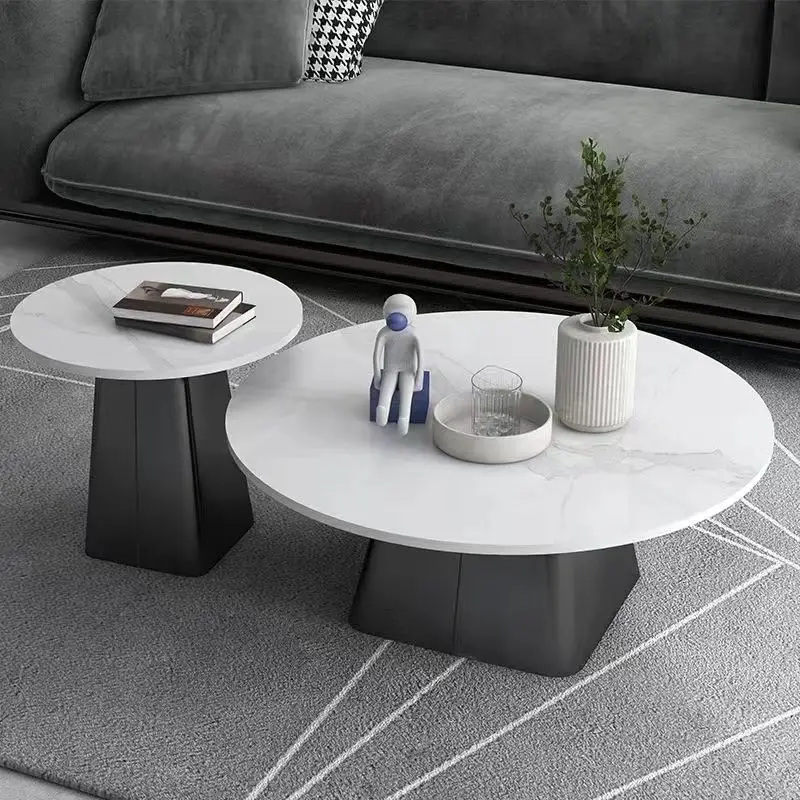 Light luxury modern round rock slab coffee table combination living room household small apartment