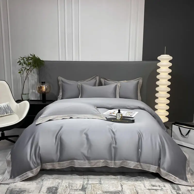 Grey Satin Embroidered Bedding Set Solid Color Washed Rayon Duvet Cover Fitted Bed Sheet Pillowcases Home Textile