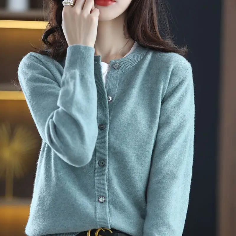 Spring Autumn New O-neck Ladies Cardigan All-match Temperament Loose Slim Sweater Knitting Women Clothes Solid Color Femme Coat