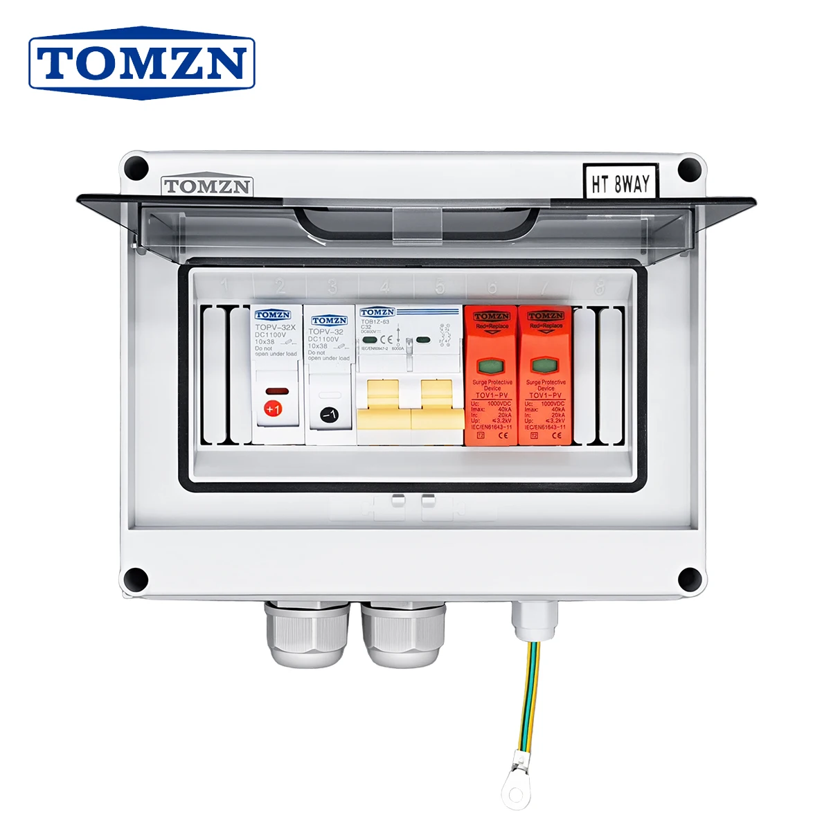 TOMZN HT-8WAY PV Combiner Box 1 in 1 Out 600V DC Solar Photovoltaic Junction Box with SPD Fuse MCB for Inverter 16A-63A