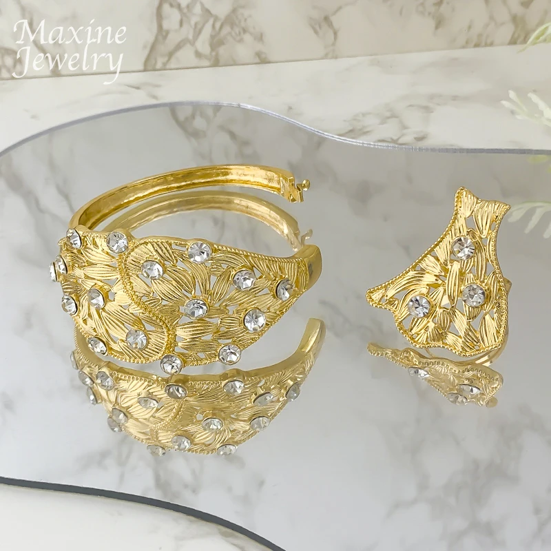 Big Size Dubai Rhinestones Collar Chunky Gold Plated Jewelry Set Women Necklace Earring Bracelet Ring Bridal Wedding Party Gift view 3