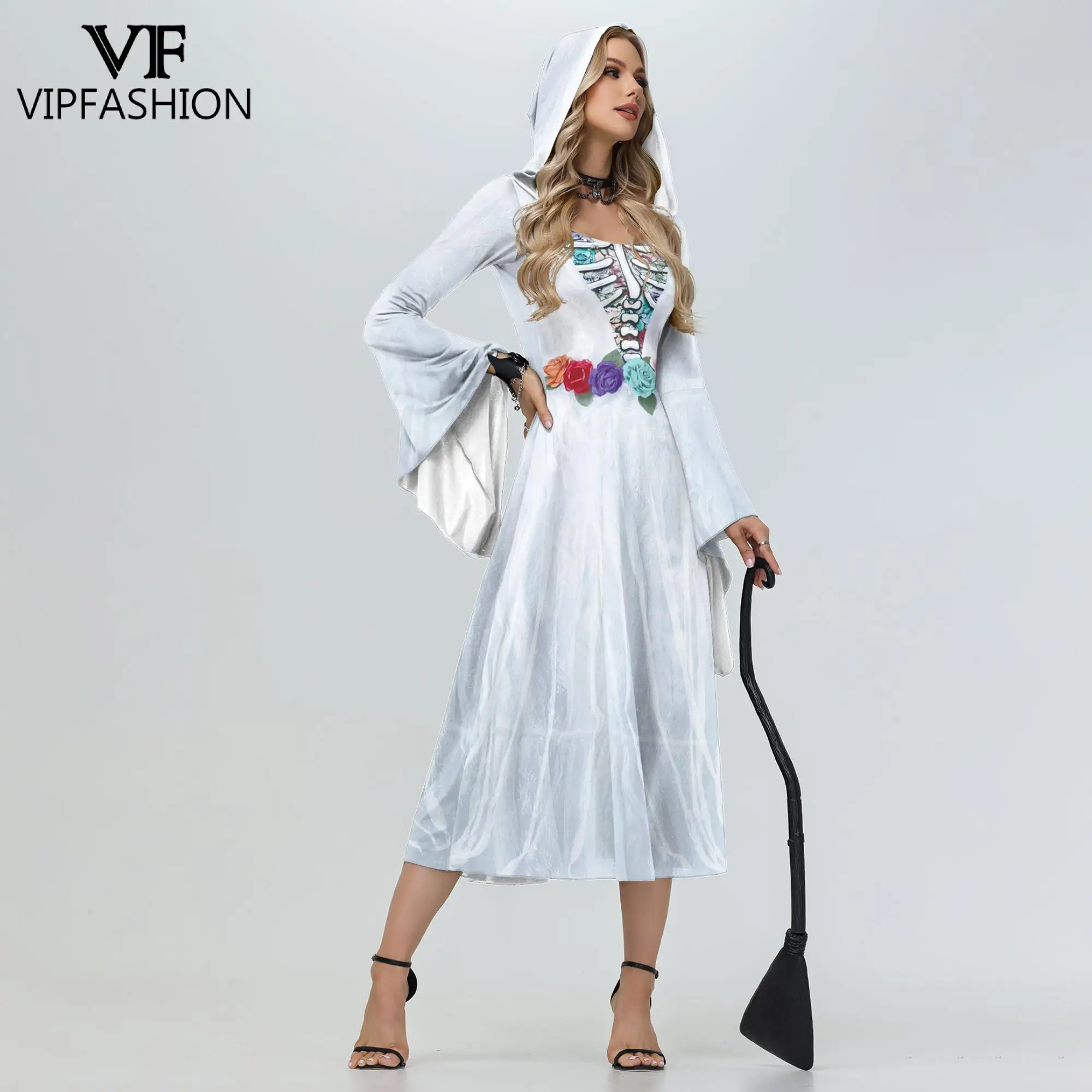 

VIP FASHION Skeleton Flower White Hood Dress for Women Halloween Fancy Dresses Witch Ghost Bride Cosplay Costume Mediaval Outfit