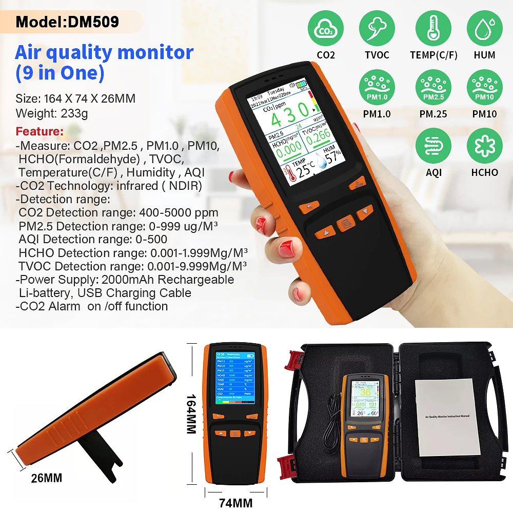 Multi functional air quality detector CO2/PM2.5/HCHO/TVOC handheld gas detector temperature and humidity meter