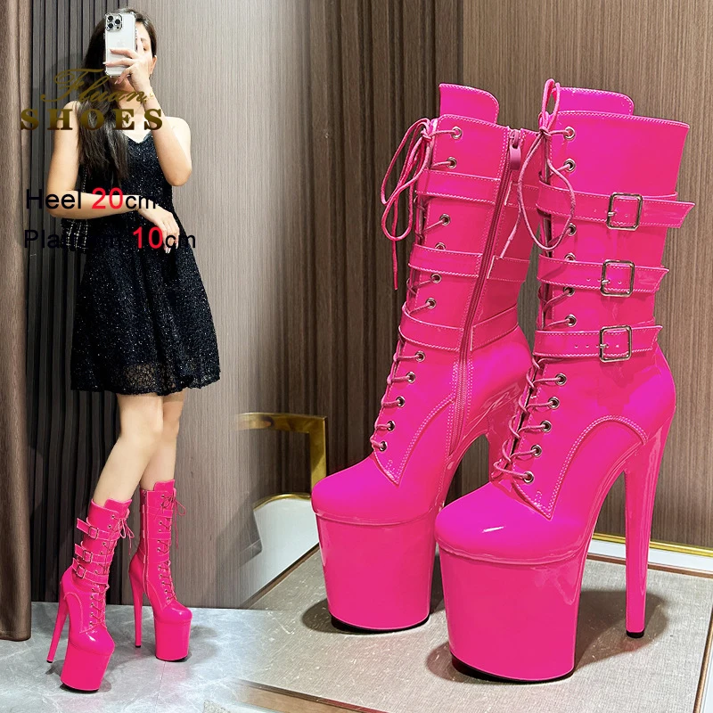 

Туфли для стриптиза на высоком каблуке 20 см, гладиаторские с ремешками и пряжками, экзотические туфли для танцев на пилоне, из лакированной кожи, женские платформенные ботильоны.