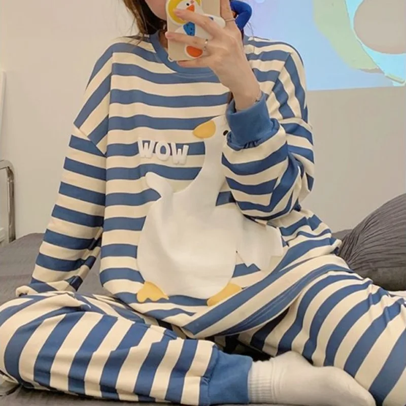 Latest Oversized Spring Autumn Pajamas Striped Large White Goose Sleepwear Loose Casual Nightdress Crewneck Print Pyjamas Set